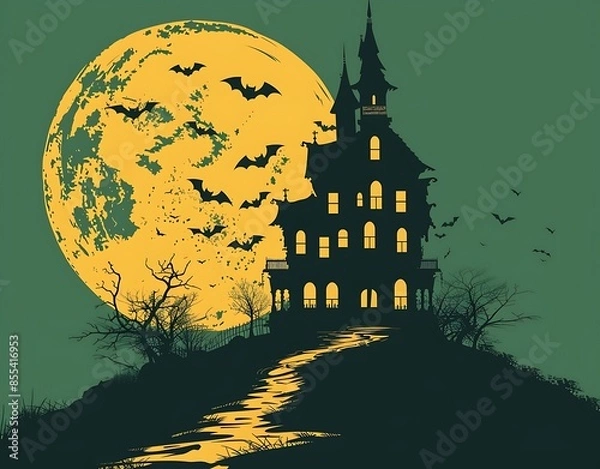 Fototapeta Halloween haunted house background with moon and bats, vector illustration - Generative AI