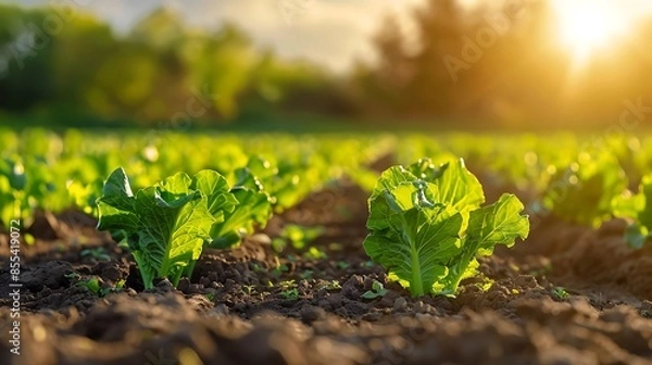 Fototapeta Close-up of green vegetables growing in dirt with farm field at sunset. Goodness comes from nature. Still life shot of plants in a garden - Generative AI