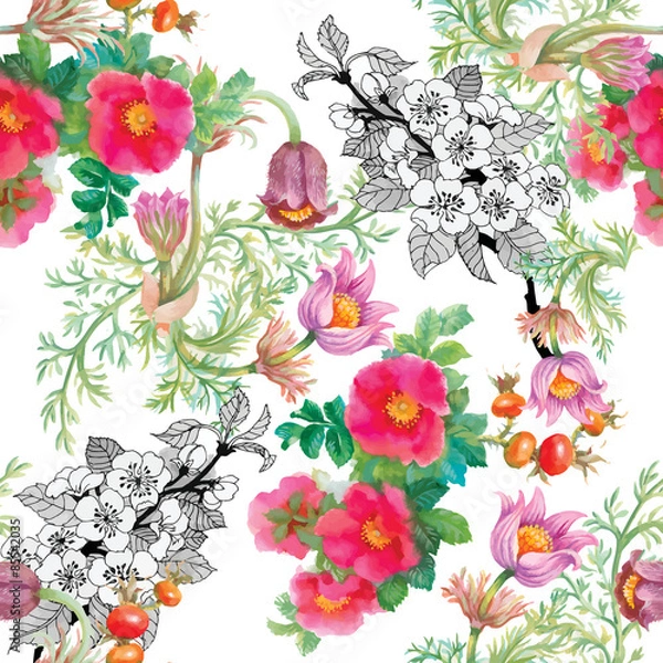 Obraz Seamless patterns with Beautiful flowers, watercolor illustration