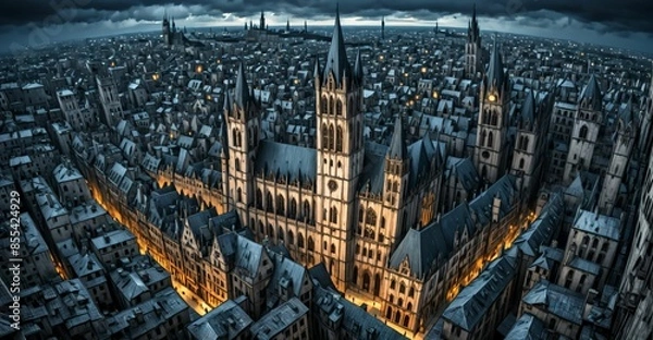Fototapeta gothic city buildings and towers cityscape. aerial view bird's eye view. goth castle palace and houses. gothic metropolis dystopian town.