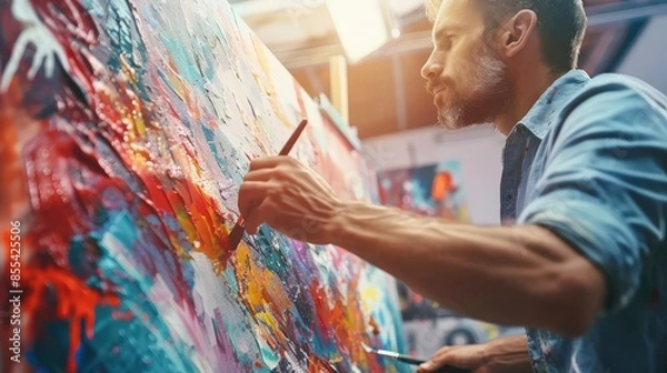 Fototapeta A person is painting a colorful picture with a brush. The painting is full of vibrant colors and seems to be a work of art. The mood of the painting is lively and energetic