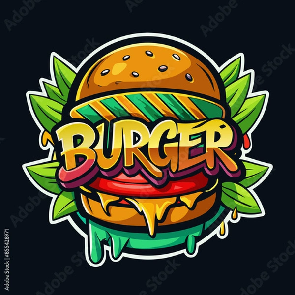 Fototapeta Beef burger with cheese, tomatoes, red onions, cucumber and lettuce on black slate over dark background. Unhealthy food