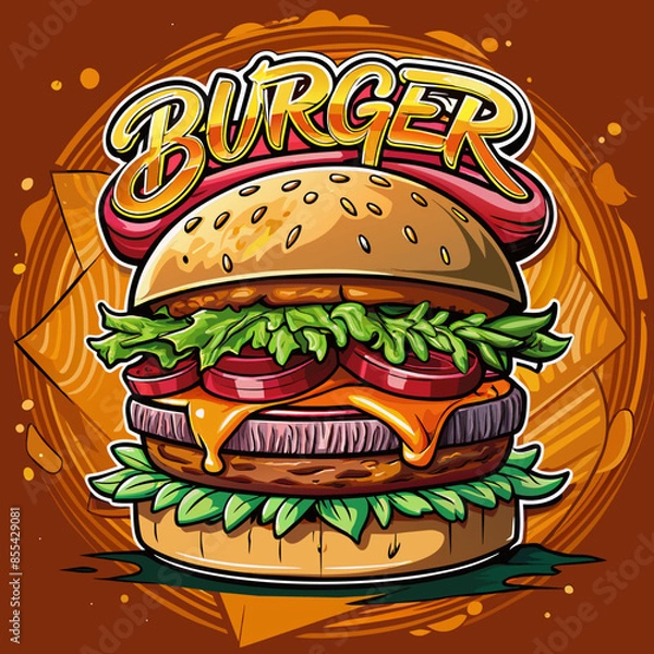 Fototapeta Beef burger with cheese, tomatoes, red onions, cucumber and lettuce on black slate over dark background. Unhealthy food