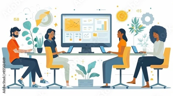 Fototapeta Productivity boosting concept illustration, collection of male and female business people scenes in the productivity boosting scene. mega set flat vector modern illustration