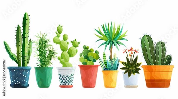 Fototapeta Set of different plants in pots isolated on white background illustration