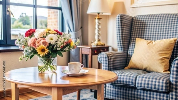Fototapeta Cozy retirement home interior with empty armchair, wooden table, and floral arrangements, conveying warmth and comfort for elderly residents.,hd 8k