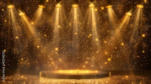 Obraz Gold lights rays scene background, bokeh effect, presentation concept