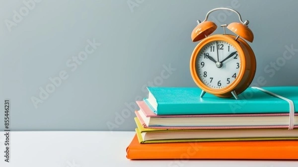 Fototapeta Vintage Alarm Clock on Stack of Books with Light Grey Background