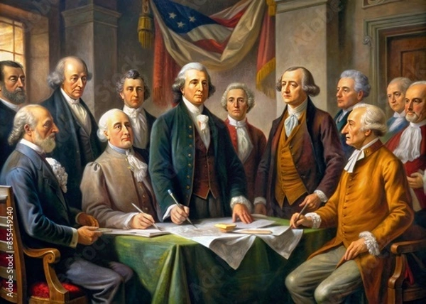 Fototapeta banner concept featuring a digital illustration of the founding fathers signing the declaration of independence