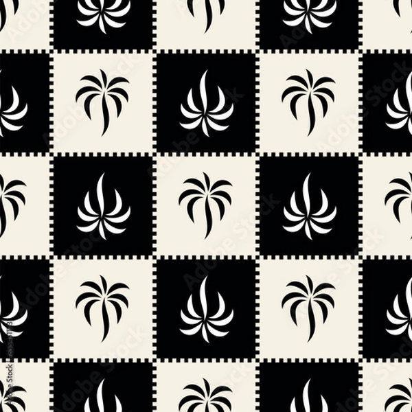 Obraz Checkered pattern with stylish palm tree print. vector seamless pattern