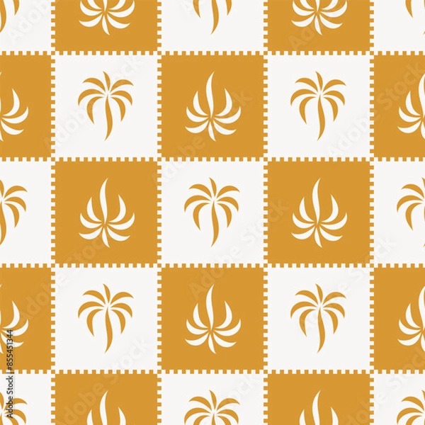 Obraz Checkered pattern with stylish palm tree print. vector seamless pattern