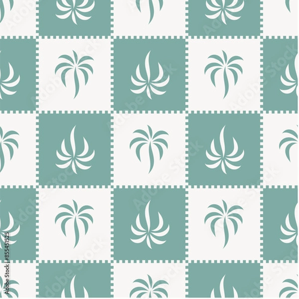 Obraz Checkered pattern with stylish palm tree print. vector seamless pattern