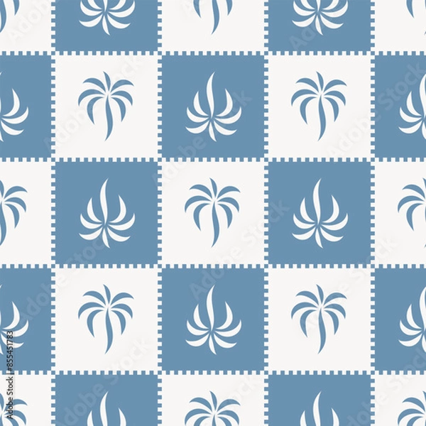 Obraz Checkered pattern with stylish palm tree print. vector seamless pattern
