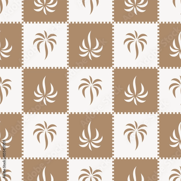 Obraz Checkered pattern with stylish palm tree print. vector seamless pattern in ocre
