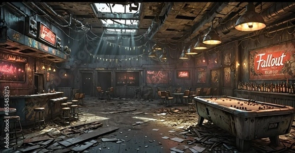 Obraz abandoned empty bar interior. dystopian post apocalyptic building interior with debris, junk, and scrap.