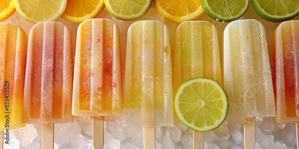 Fototapeta A closeup of a summer citrus popsicle array, their orange, lemon, and lime hues vibrant against a white background. the image captures the essence of summer with a chic and stylish presentation