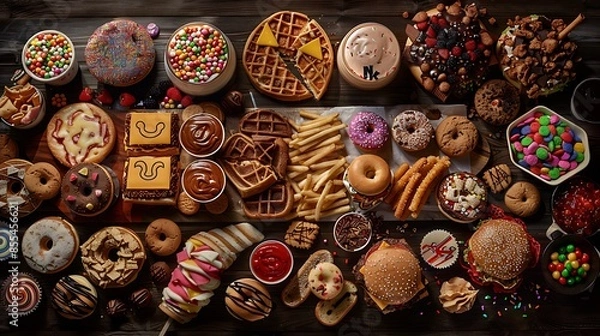 Fototapeta A table full of different types of fast food, including burgers and fries, surrounded by cookies, donuts, candy bars, waffles, ice cream cones, pizza slices, snacks, popcorn, and candies, chocolate