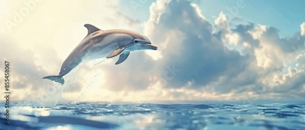 Fototapeta A playful dolphin leaping out of the water against a backdrop of the sea