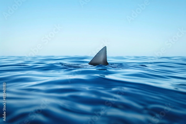 Fototapeta Shark fin above the water indicating there is a shark swimming near the water's surface. Generative AI