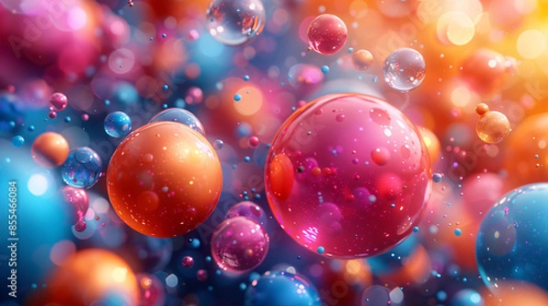 Fototapeta An abstract 3D background showcasing basic shapes like spheres in various sizes and bright colors, all playfully scattered across the space. This demonstrates the concept of 3D form