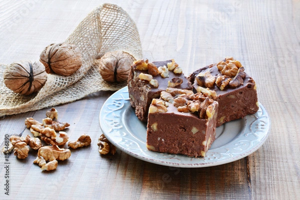 Fototapeta Chocolate fudge with walnuts