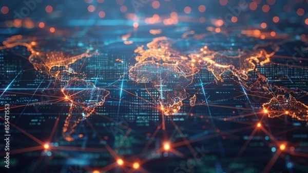 Fototapeta A computer generated image of a world map with many lines and dots