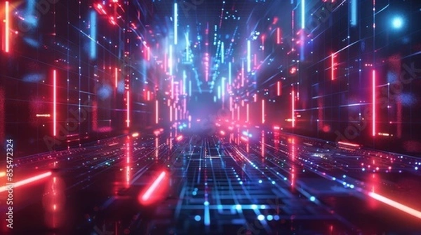 Fototapeta A futuristic, neon-lit tunnel with red and blue lights