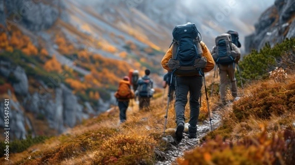 Obraz A group of people are hiking up a mountain trail