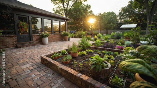 Fototapeta Tranquil Sunset Patio Renovation with Mix of Rustic and Modern Elements