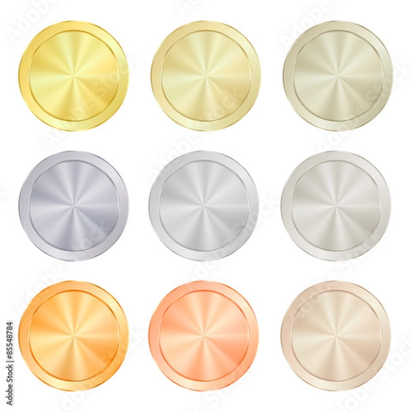 Obraz pusty pusty zestaw szablonów wektorowych dla monet, metek z cenami, guzików do szycia, guzików, ikon lub medali ze złotem różne typy: biały, czerwony, różowy, srebrny, platynowy błyszczący metal tekstury