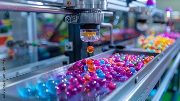Fototapeta Brightly colored plastic toys being assembled and packaged by automated machines.