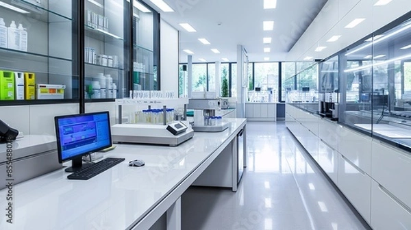 Fototapeta Clean rooms with automated filling and packaging of cosmetic products, lab technicians.