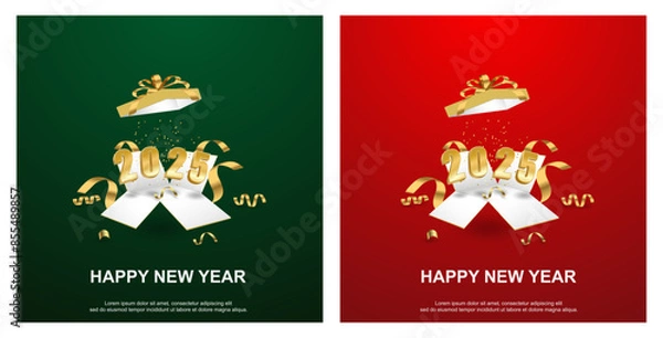 Fototapeta Happy new year 2025. gold number on open give box set square background