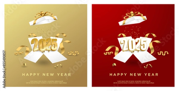 Fototapeta Happy new year 2025. number on open give box on blue square background. luxury gold number on set square background