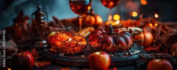 Fototapeta Cozy autumn scene with pumpkins, apples, candles, and wine glasses creating a warm and festive atmosphere with glowing lights.