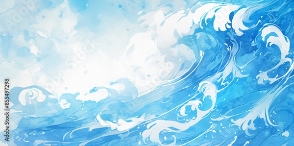Fototapeta Watercolor blue wave with white foam and blue sky with copy space text for design, nature, and ocean.