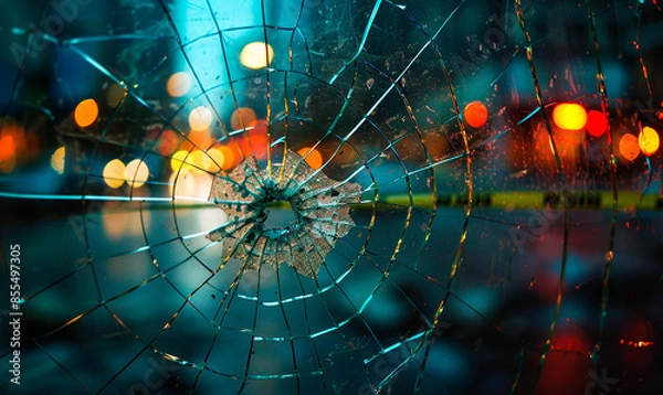 Fototapeta Close-up of a cracked glass with bokeh city lights in the background