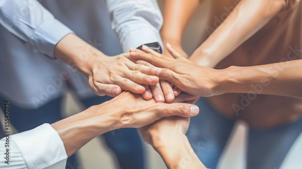 Fototapeta Stack hand of teamwork Corporate Unity and collaboration within the corporate team, reinforcing the idea that success is a collective