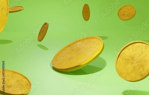 Obraz 3d render Falling dirty gold coins in green background