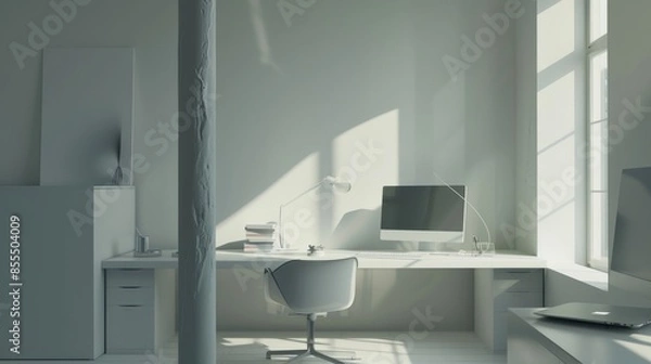 Fototapeta Elegant minimalist design featuring a white desk and sparse decor.