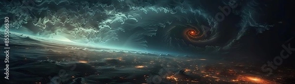 Fototapeta Abstract digital art of an apocalyptic landscape with swirling storm clouds and glowing red vortex above a city at night.