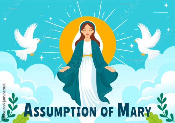 Fototapeta Assumption of Mary Christian Vector Illustration Featuring the Feast of the Blessed Virgin with Doves and Angels in Heaven in a Flat Background