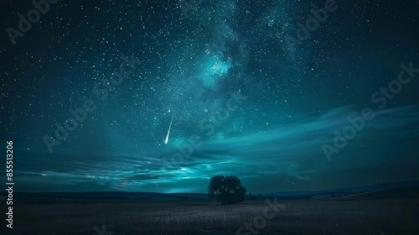 Fototapeta Mesmerizing meteor turquoise streaking across a serene night sky, illuminating the landscape below with a mystical glow