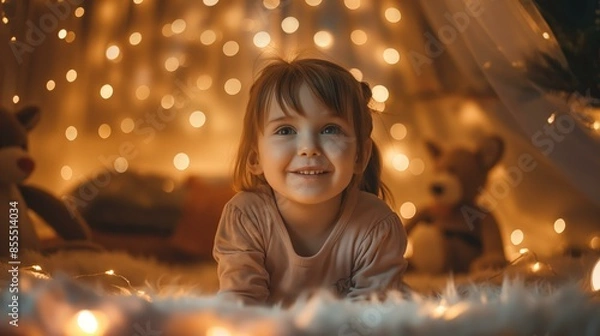 Fototapeta A happy child snuggles with a favorite stuffed bear in a cozy setting with warm, soft lighting.