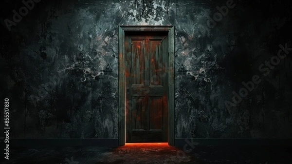 Fototapeta Dark mysterious wooden door with a glowing red light at its base, set against a grungy textured wall, evoking suspense and intrigue.