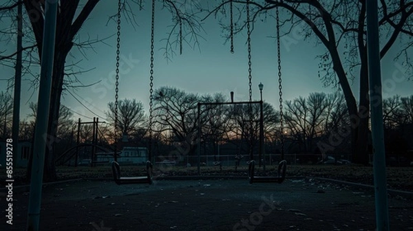 Obraz Twilight descends on an empty playground, swings moving slightly as if by invisible hands, creating an eerie, mysterious scene
