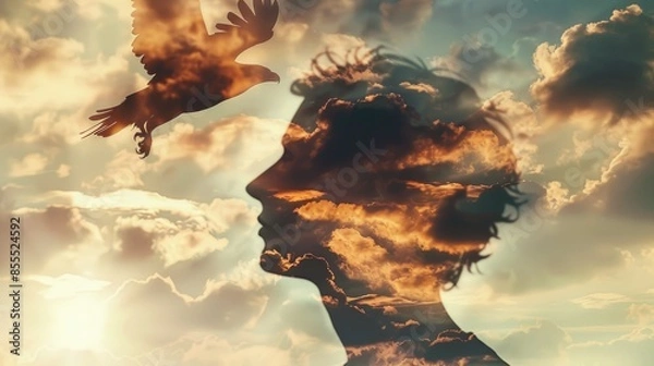 Fototapeta Man's Profile Merges with Eagle in Flight, Soaring Ambition
