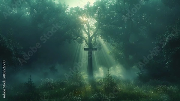 Fototapeta A vibrant design featuring light beams forming crosses in a misty forest at dawn. The rays of light pierce through the fog and trees, creating an ethereal and serene scene.