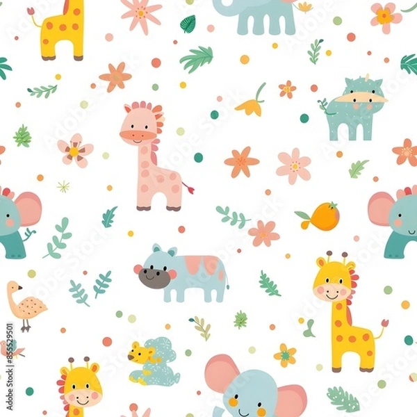 Fototapeta Cute Animal themed Patterns with Floral Elements on White Background for Baby Nursery and