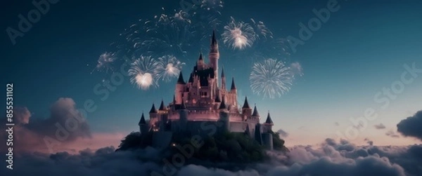 Fototapeta Ethereal Floating castle amongst the clouds ethereal fireworks